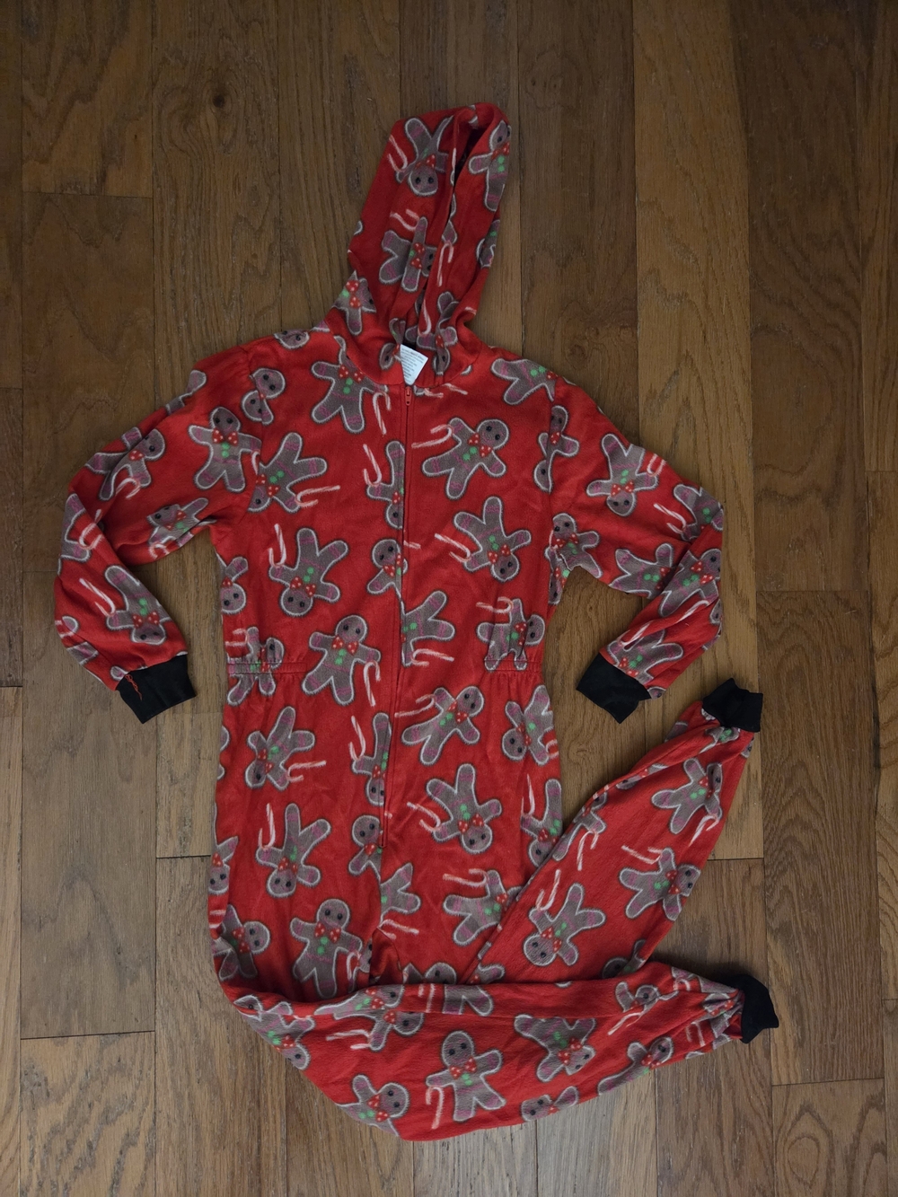 Macy's Red Gingerbread Hooded One-Piece Pajama Set with Black Cuffs